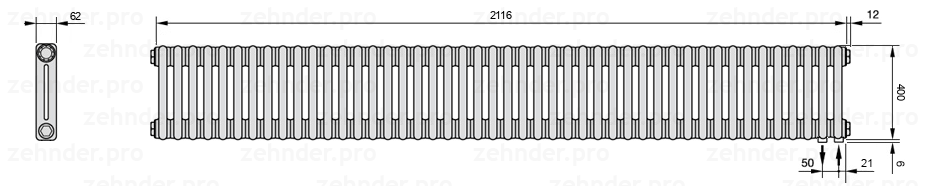 Схема (чертеж) Радиатор Zehnder Charleston 2040/46 №5510 Белый глянцевый RAL 9016